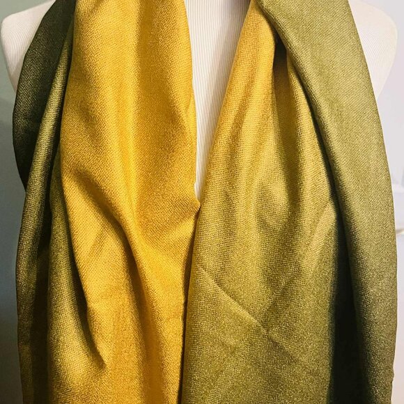Silk & Pashmina Scarf – Golden Olive Elegance- NWT - Picture 7 of 14